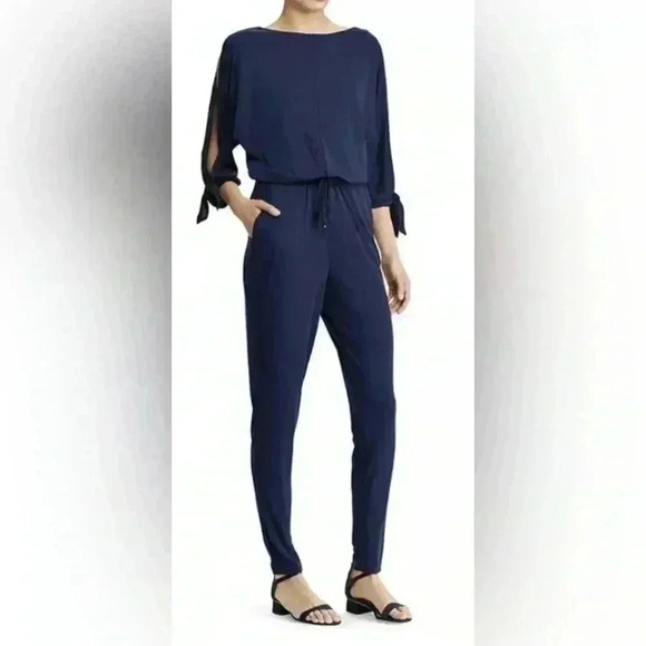 Ralph Lauren Women's Navy Slit-Sleeve Jersey Jumpsuit Size 3XL  Pockets Stretch - Picture 1 of 8
